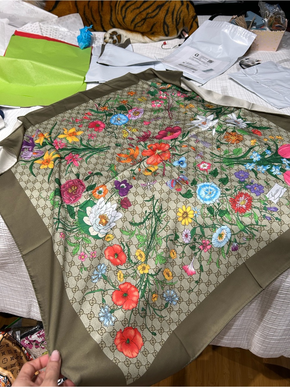 Gucci Olive Beige Floral Silk Scarf with Multicolor Blooms